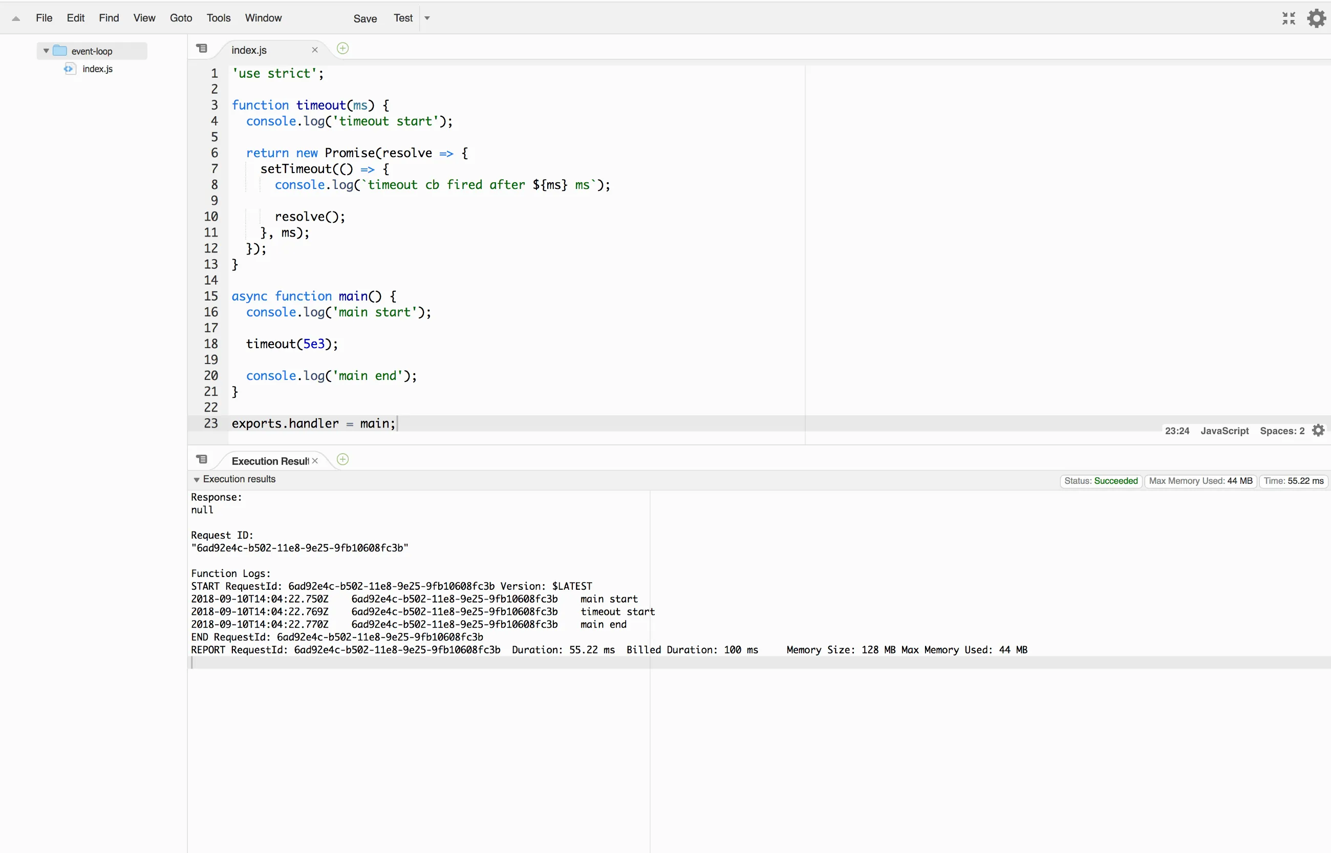 First Lambda invocation ends before the timeout callback runs