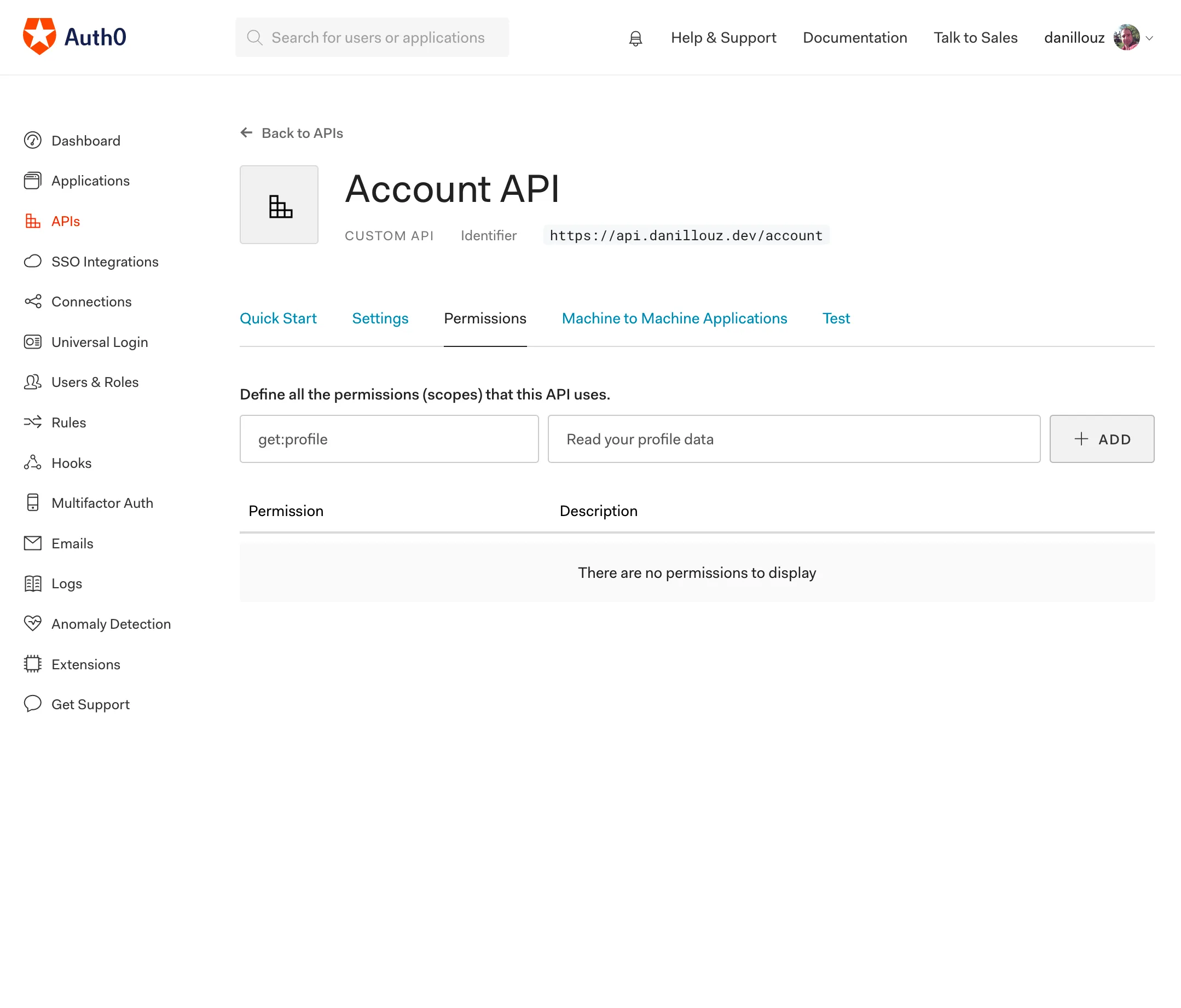 Auth0 API permission for get:profile