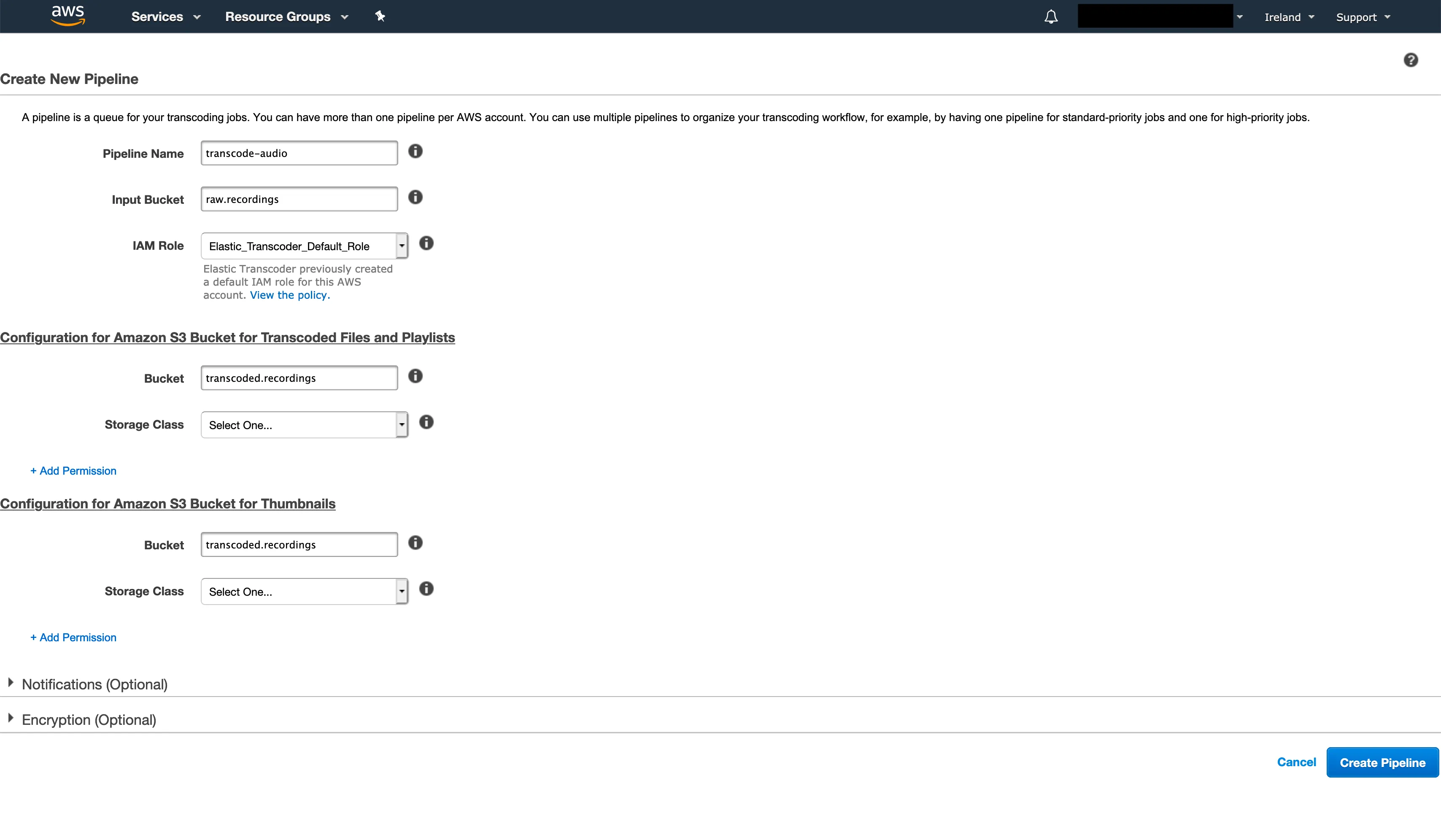 Elastic Transcoder pipeline configuration