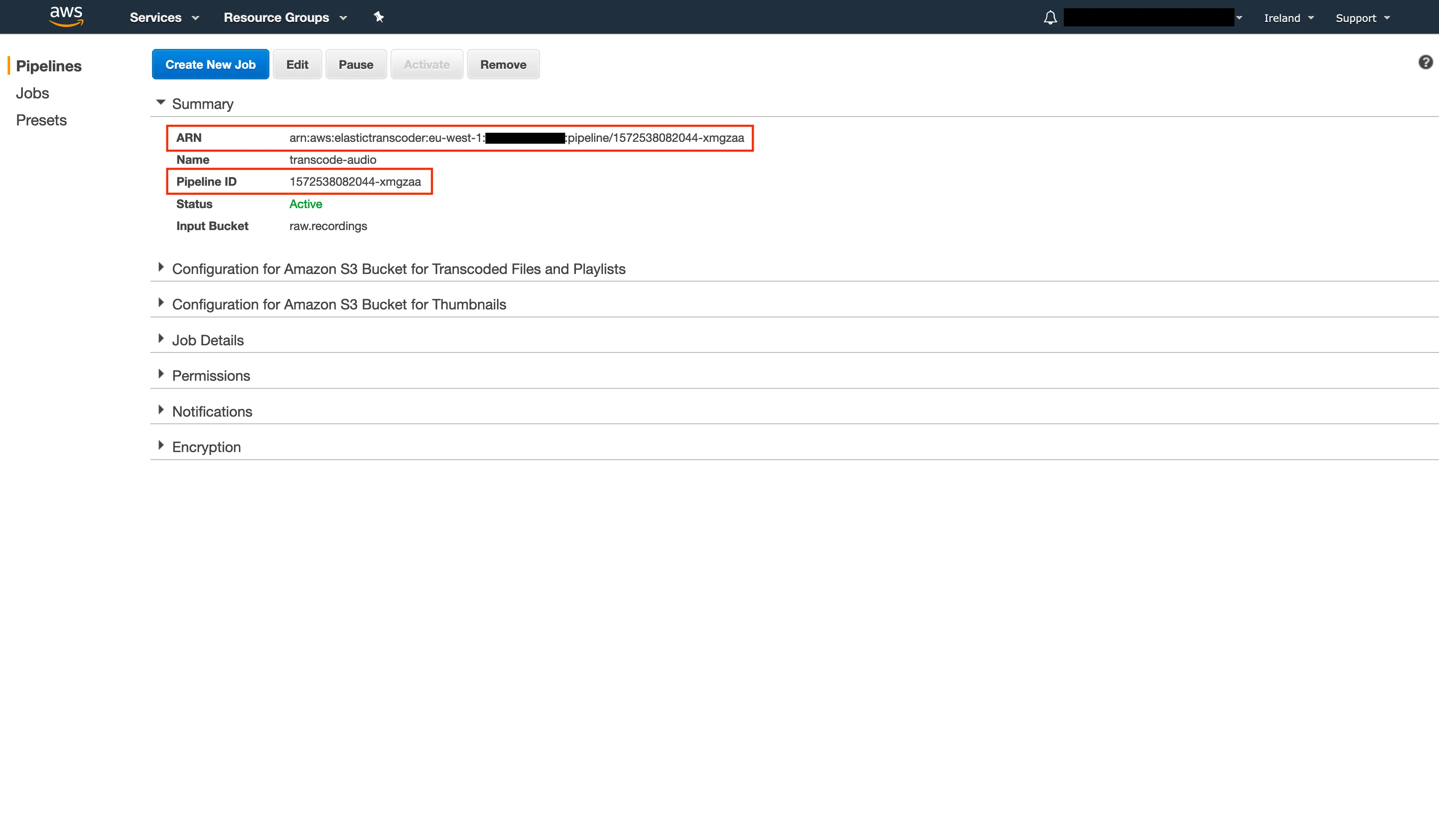 Elastic Transcoder pipeline ARN and ID