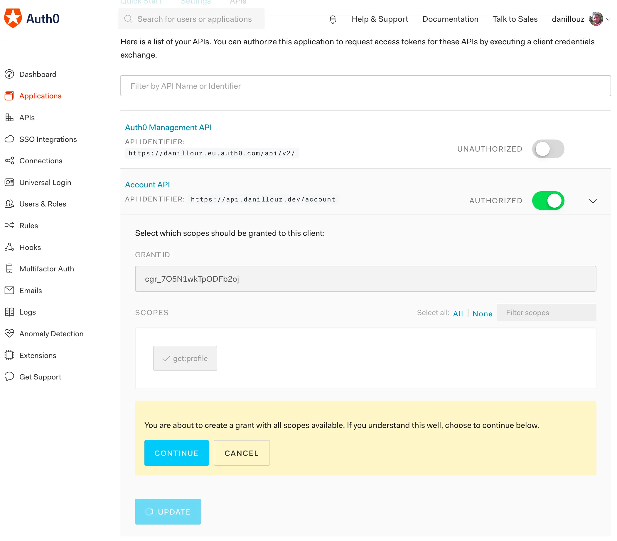 Auth0 get:profile scope selection
