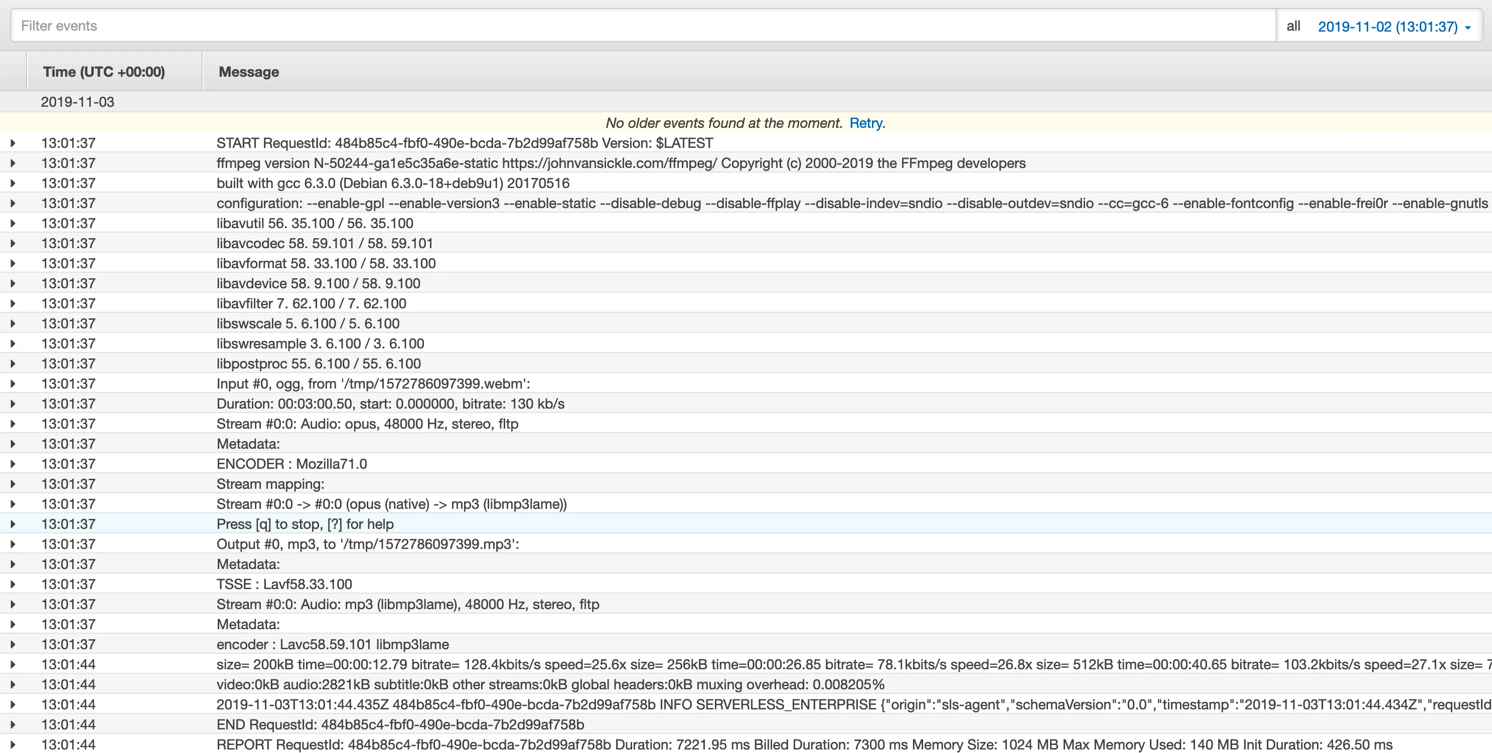 CloudWatch logs for the completed FFmpeg invocation