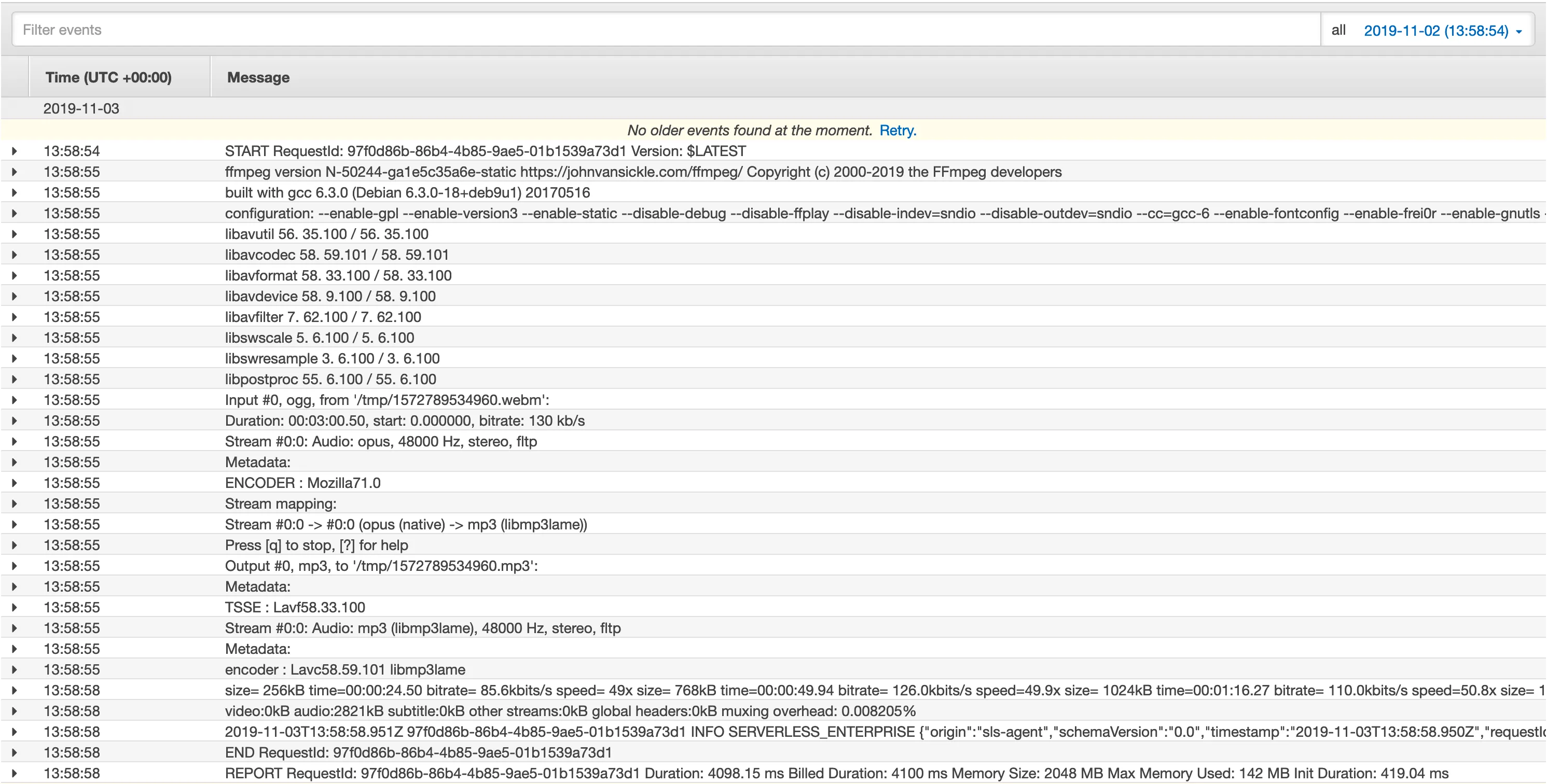 CloudWatch logs after increasing Lambda memory to 2048 MB