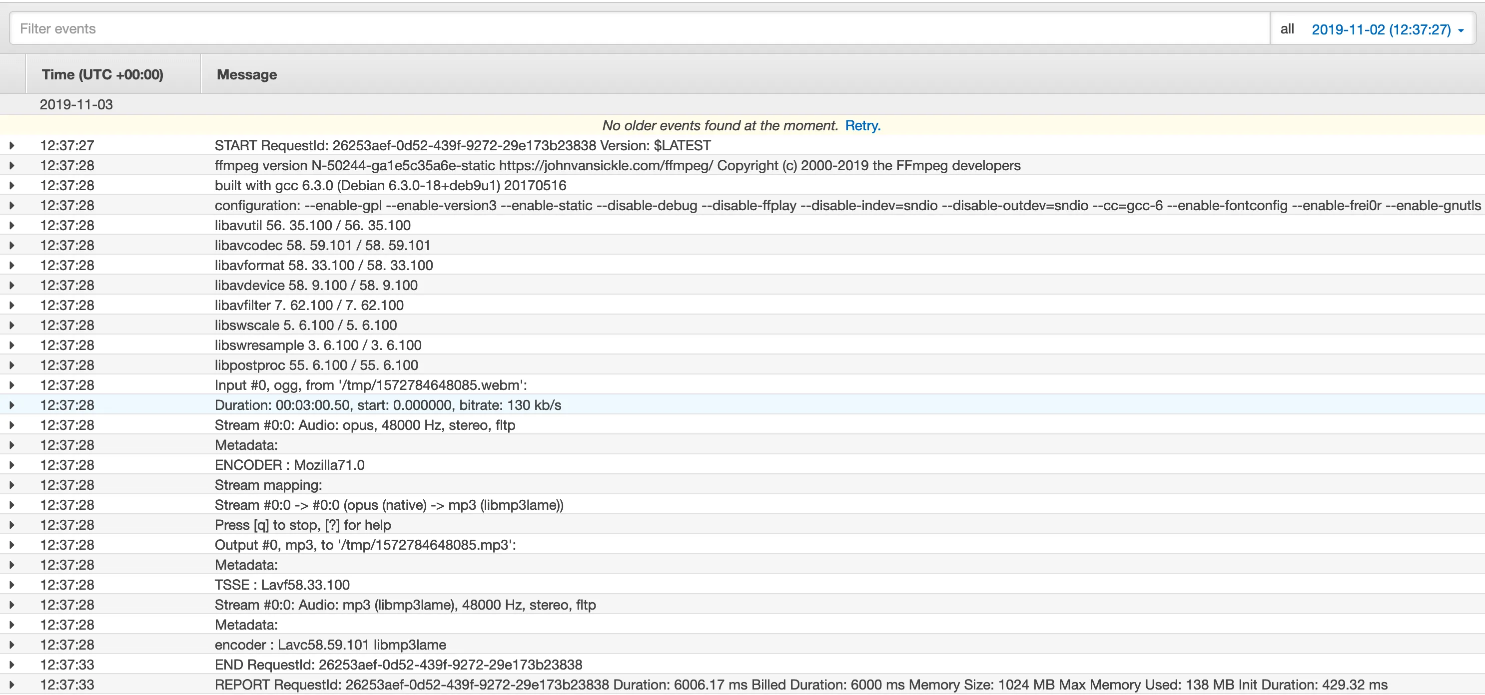 CloudWatch logs for the timed-out FFmpeg invocation