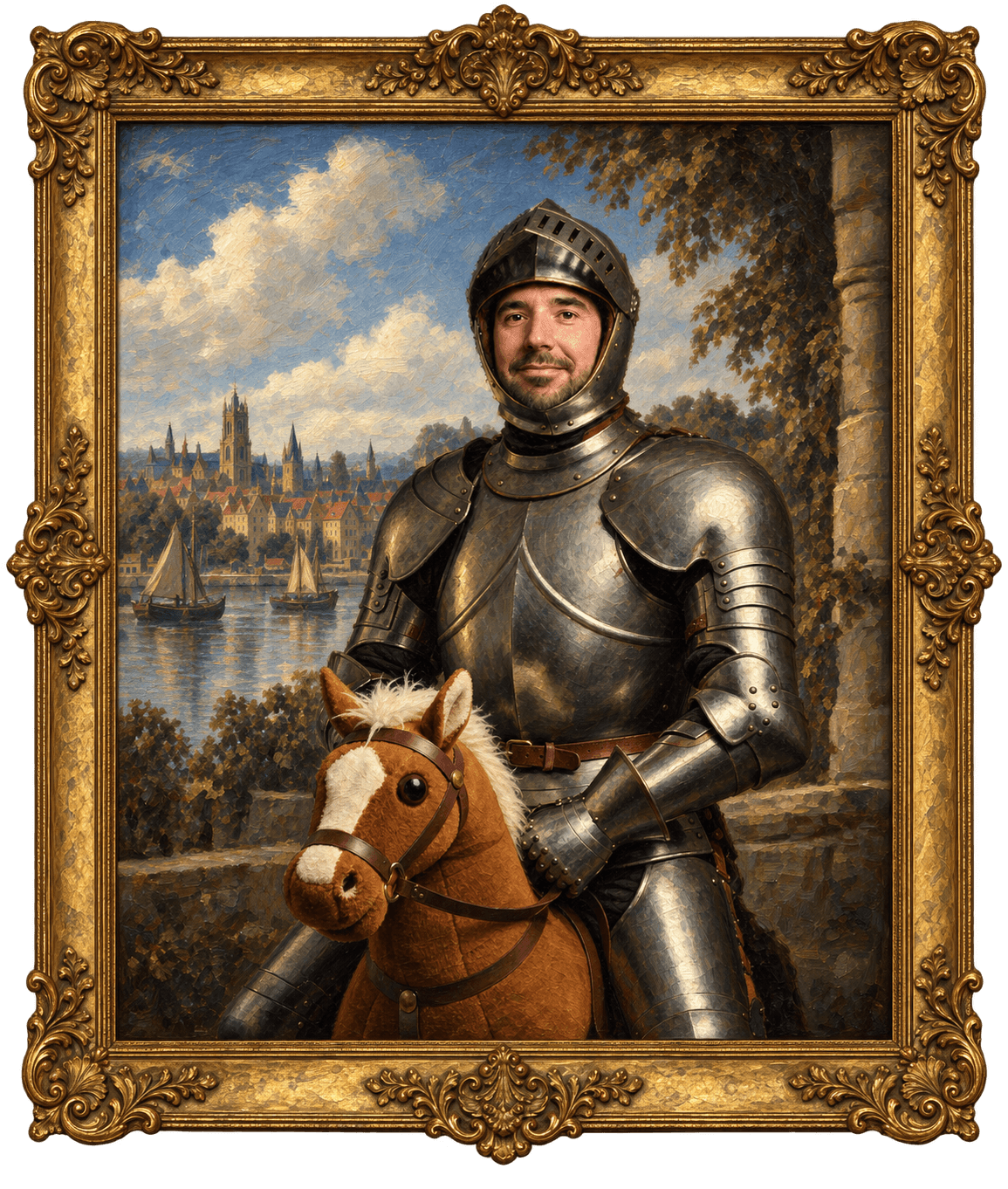 Painting of Daniël Illouz in armor riding Silvester Stallion, a toy horse