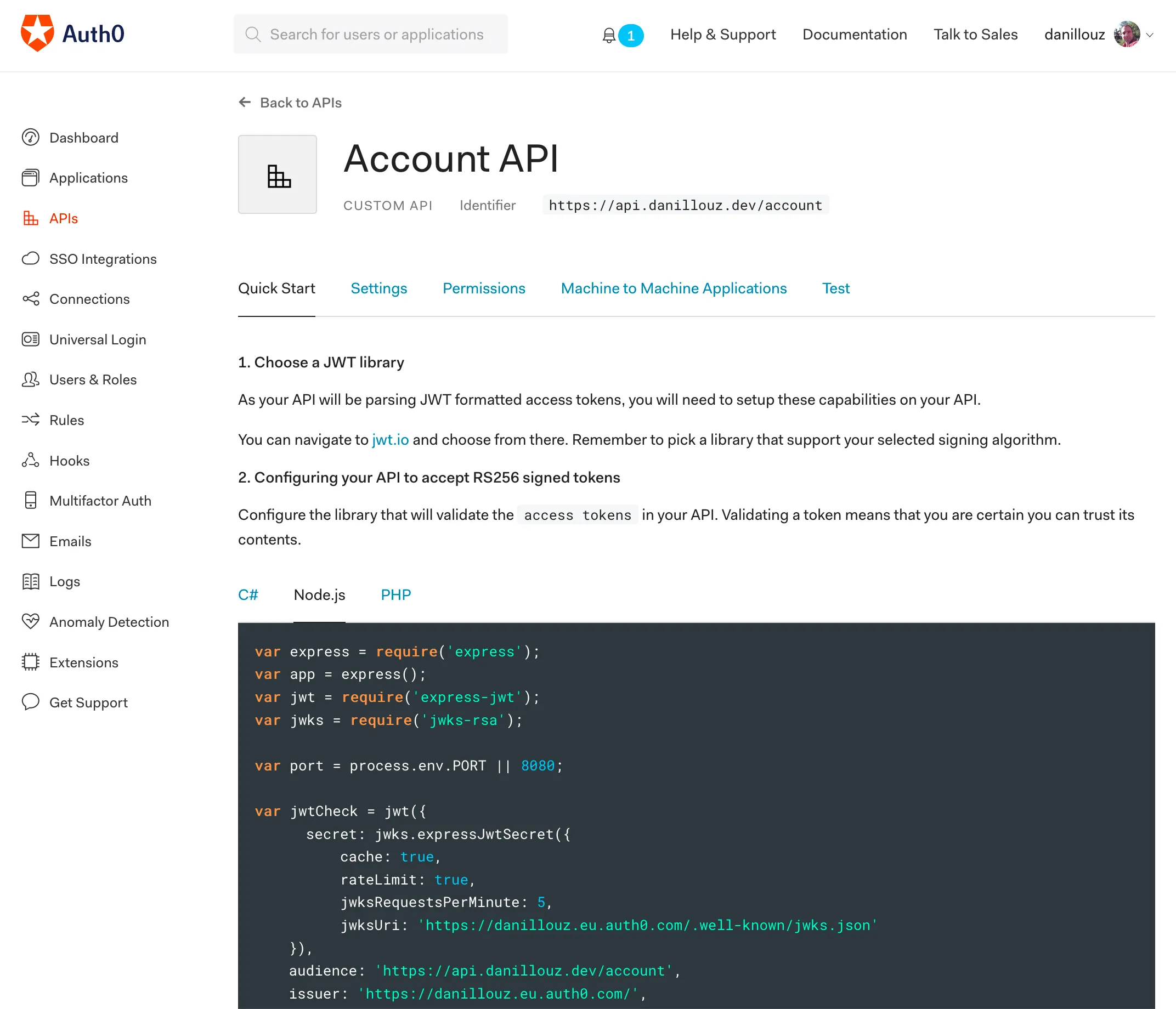 Auth0 API Quick Start values