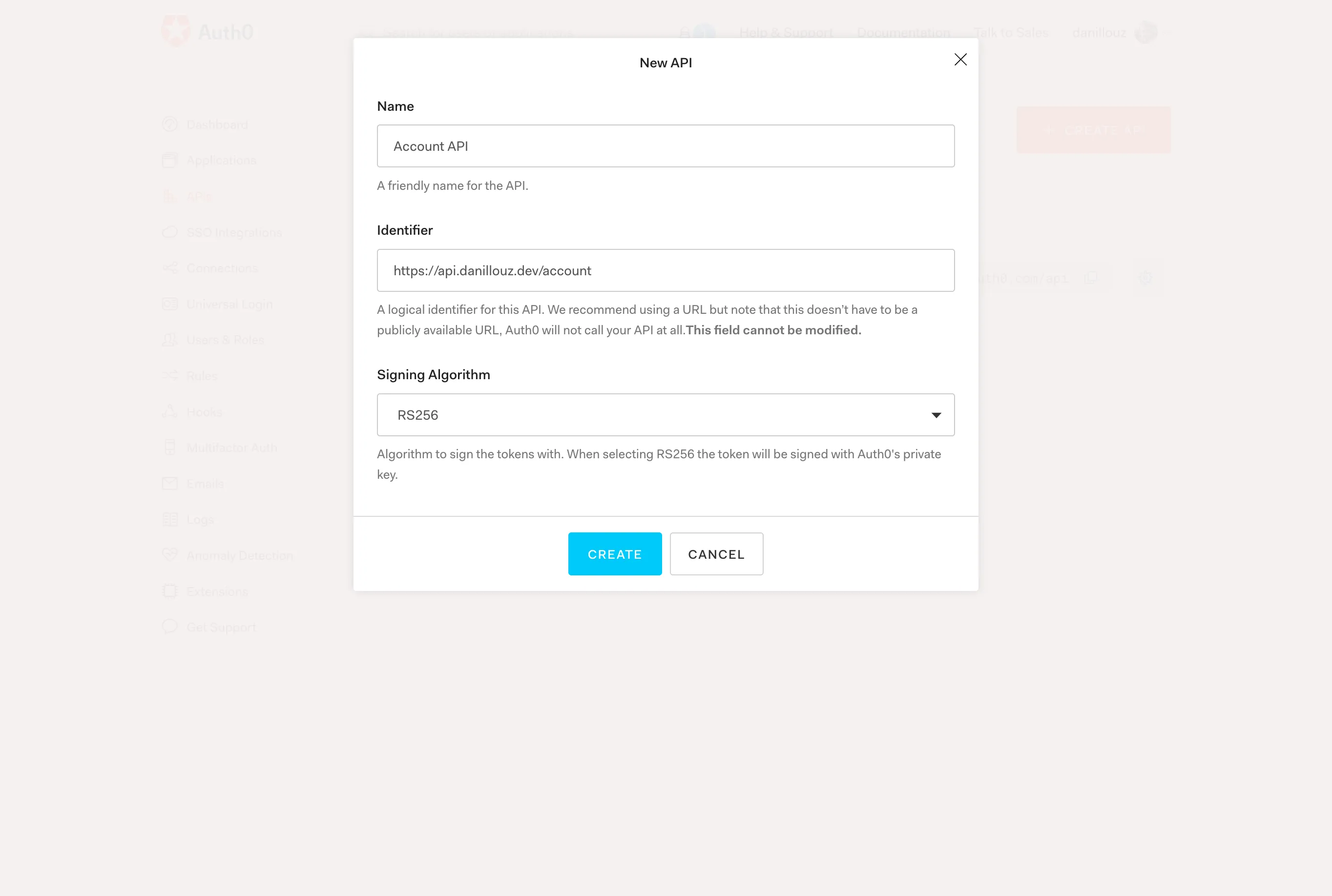 Auth0 API creation form