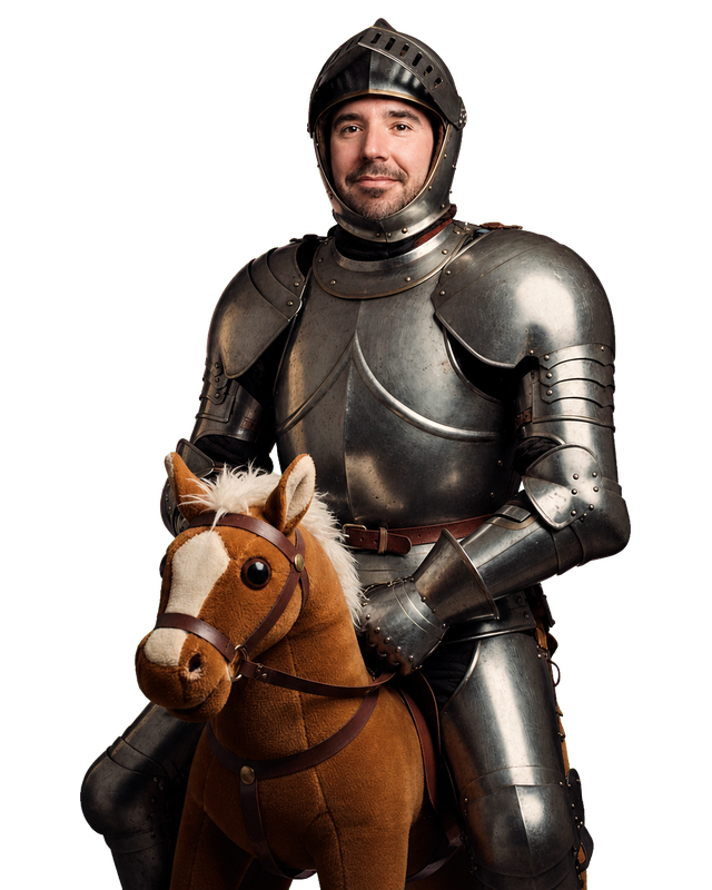 Dan wearing armor and riding a toy horse